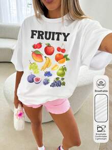 女装夏季大码水果字母图案印花休闲简约宽松日常圆领短袖T恤上衣女装夏季大码街头风上衣可爱T恤