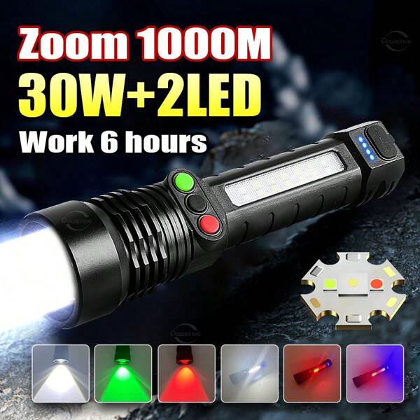 1000-Meter Range Professional-Grade Flashlight With Built-In Large-Capacity Battery, Featuring Red/White/Yellow/Green Triple-Color Modes, Multi-Functional Portable LED Spotlight, Subway Signal Light, Side Auxiliary Lighting, Pen Clip And Hanging Buckle, The Ultimate All-Rounder For Construction Sites, Rescue Operations, And Outdoor Adventures!