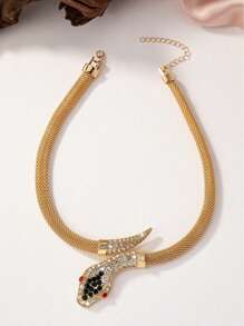 1pc Fashionable & Elegant Rhinestone Encrusted Snake Design Necklace Choker, Unique Creative Luxury Minimalist Clavicle Chain, Personalized Jewelry For Women - Yellow Gold - View 3
