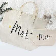 2025 Future Mrs Bride Gifts For Wedding Engagement Bachelorette Party Honeymoon Bridal Shower Gifts For Bride To Be Tote Canvas Cotton Beach Shoulder Bag With Zipper And PocketHalloween Christmas New Year - 2025夫人包套裝 - 查看 3