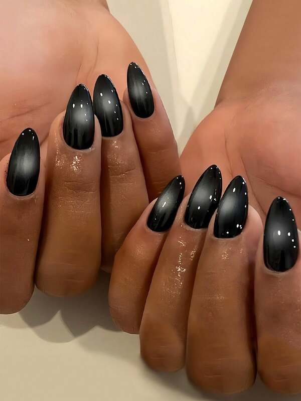 Lot de 24 faux ongles en acrylique en forme d'amande, noirs, couleur ombrée, pointe française, finition brillante, nail art, fournitures pour les ongles, style simple et à la mode, kit de gel pour usage quotidien