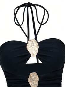 HKGFF-2025 New Black Solid Color Sunsuit Suit Set, Spring And Summer Hanging Neck Metal Two-Piece Set, Sun Protection Function Indoor And Outdoor Swimwear