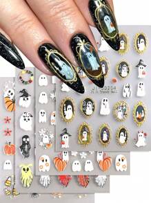 3/2pcs 5D Halloween Nail Stickers, Cute And Funny Ghost Pumpkin Pattern Self-Adhesive Nail Stickers, Halloween Theme Element Nail Art DIY, Nail Salon Nail Design Supplies