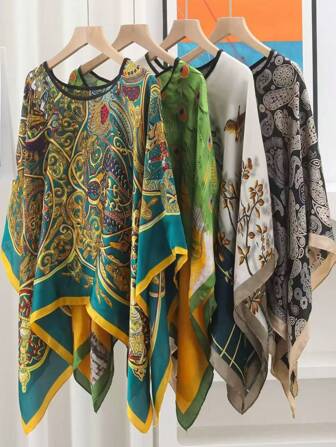 1 Stück Damen Sommer Bedrucktes Fledermausärmel Top Chiffon Poncho Lässig Locker Transparente Bluse mit bedrucktem Seidentuch Boho Strandüberwurf für Kleider