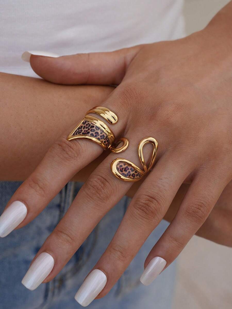 Frminee 1 pieza/2 piezas/4 piezas Anillo apilable de acero inoxidable chapado en oro de 18K con estampado de leopardo y concha de tortuga, adecuado para que las mujeres lo usen en reuniones diarias en otoño e invierno, como regalo, Navidad, Día de San Valentín