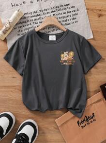 Young Girl Creative Floral & Slogan Print Short Sleeve T-Shirt