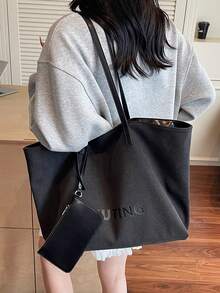 女款時尚極簡大容量黑色帆布與PU布料托特包，附零錢包，字母磁扣開合，單肩包，休閒百搭手提包，適用日常使用、通勤、工作、學生、大學風格、購物、短途旅行 - 黑色 - 查看 3