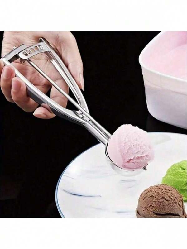 1 pieza Cuchara para helado de acero inoxidable, adecuada para verano y yogurt helado, cuchara multiusos para helado, cuchara de doble uso de acero inoxidable, cuchara para helado antiadherente con mango cómodo y resistente al frío, cuchara para helado de metal resistente con gatillo, cuchara de relleno resistente, herramienta de cuchara para helado para el hogar, fácil de limpiar, adecuada para helado, masa de galletas, sorbete, almendra, excelente para la cocina, tienda de postres y restaurante.