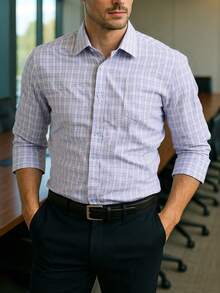 Luxury Wingtip Collar Dress Shirt For Groom, Stretch Comfort Fit, Wrinkle-Free & Breathable Fabric, Self-Tie Bow Tie, Black Tie Wedding & Gala Essentials - 淺灰藍格 - 查看 2