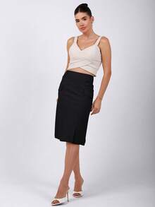 Women's Linen Midi Skirt With Double Loop/Pocket Details, Fake Lapena And Elegant Slit - 黑色 - 查看 2