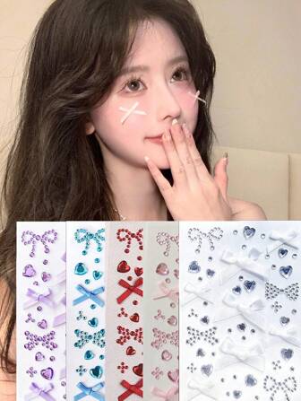 1pc/2pcs/3pcs/5pcs/10pcs These Christmas Bow & Heart Rhinestone Stickers Come In Multi - Colors (Purple, Blue, Red, Pink, Silver), Perfect For Festive Parties, Cosplay, And Photo Shoots. Featuring Charming Bows And Hearts, They Add A Sweet And Glamorous Touch To Your Look. Easy To Apply, They're Ideal For Creating Eye - Catching Facial Art For Christmas And Other Celebratory Events