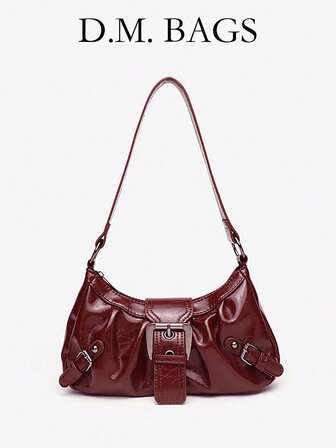 Y2K Vintage Soft Distressed Leather Motorcycle Bag With Rivet, Buckle, Pleated Cloud Decor, Shoulder/Underarm Bag, Suitable For Work, Commute, Date, Party