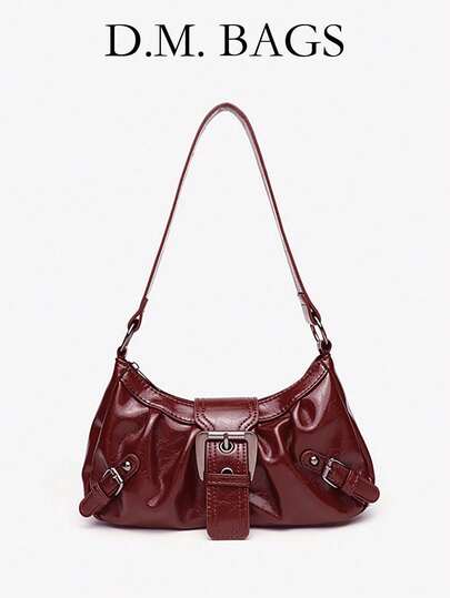 Y2K Vintage Soft Distressed Leather Motorcycle Bag With Rivet, Buckle, Pleated Cloud Decor, Shoulder/Underarm Bag, Suitable For Work, Commute, Date, Party