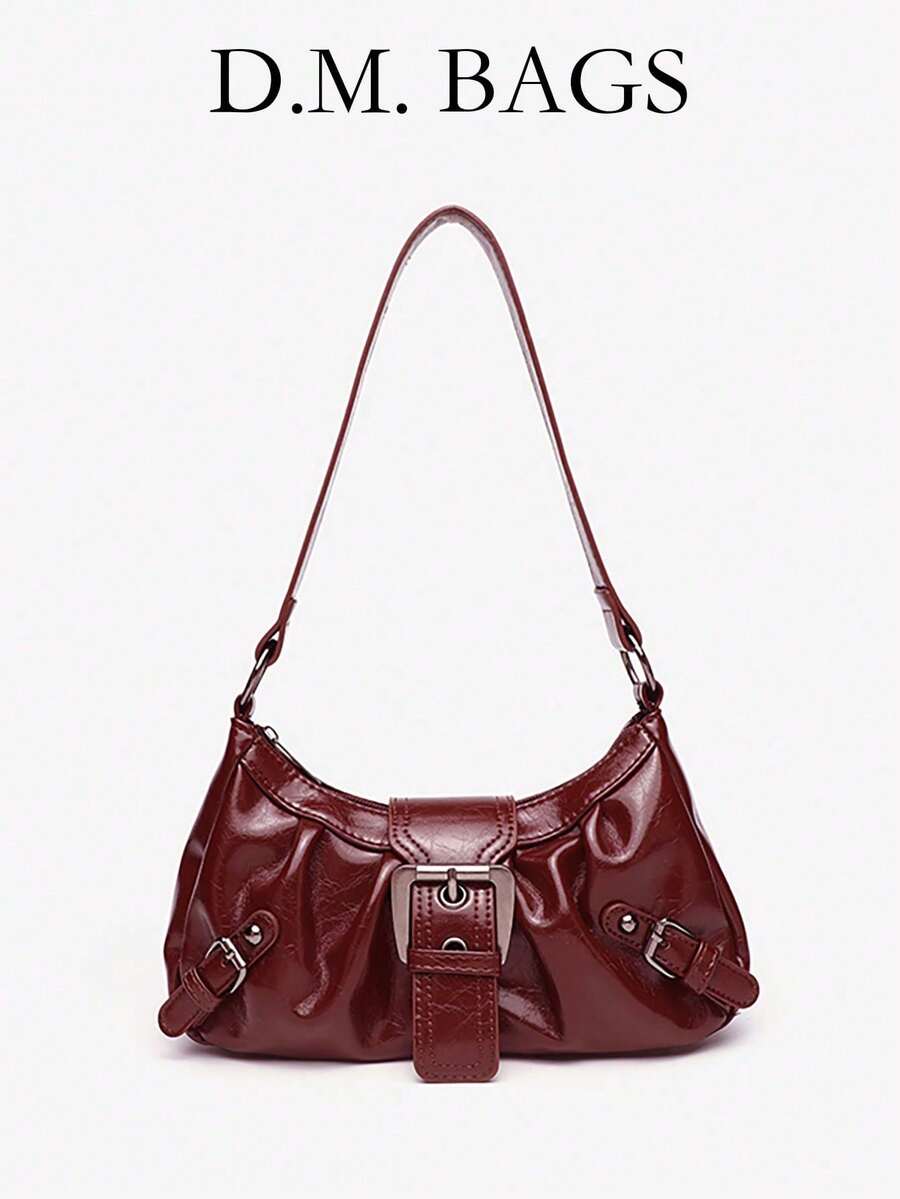 Y2K Vintage Soft Distressed Leather Motorcycle Bag With Rivet, Buckle, Pleated Cloud Decor, Shoulder/Underarm Bag, Suitable For Work, Commute, Date, Party