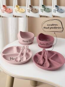 4PCS Personalized Customization Name And Pattern Silicone Suction Base Plate And Bowl Childern Feeding Tableware Self Feeding Training Cutlery Spoon Fork Sets Print On Demand Childern Tableware Essentials