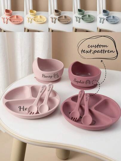 4PCS Personalized Customization Name And Pattern Silicone Suction Base Plate And Bowl Children Feeding Tableware Self Feeding Training Cutlery Spoon Fork Sets Print On Demand Children Tableware Essentials, Cutlery Set, Personalized Gift