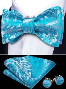 1 Pc Groomsmen 3‑Piece Set (Bow Tie + Pocket Square + Cufflinks) – Vintage Paisley Wedding Accessories Kit, Wrinkle-Free Gold Textured Bowtie Gift For Groom, Formal Party, Holiday, Best Man Outfit