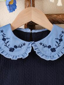 Young Girls' Preppy Style Embroidered Peter Pan Collar 2 In 1 Long Sleeve Patchwork Dress