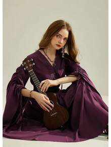 Halloween Costumes Renaissance Costume Women Fairy Dress Drawstring Bell Sleeve Long Dress With Pockets