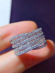 1枚奢华闪耀T形锆石925纯银戒指，优雅珠宝礼品，适合女性日常佩戴 - 銀色 - 查看 8