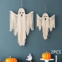 1pc/2pcs Boho Ghost Wall Hanging Decor, Macrame Fringe Spooky Ghost Ornaments, Bohemian Wall Art For Home, Living Room, Fireplace, Party, Haunted House Decoration