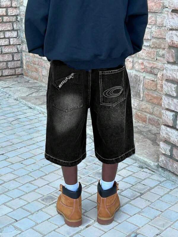 Vintage American Denim Shorts, Loose Straight Leg Silhouette, Washed Distressed Finish, Spring/Summer