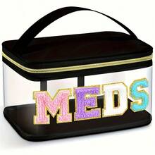 Fashion Suede Letter Patch MEDS Bag - Transparent Travel Pill Organizer With Handle, Waterproof Nylon Portable Medicine And Toiletries Storage For Patients And Nurses, Back To School - 黑色1個 - 查看 4