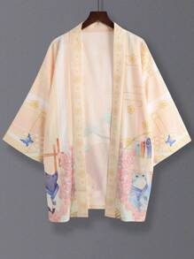 日系动漫风格长袖和服，可爱猫咪图案，角色扮演配饰，轻薄小外套，七分袖，复古中韩风，适合动漫展服装及日常穿着