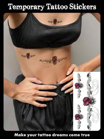 1 张性感迷人的粉红玫瑰图案，位于胸部、背部、腰部，防水临时纹身贴纸，人体艺术假纹身适合男性和女性，身体装饰适合派对、度假、礼物、节日、万圣节