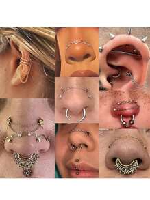 5PCS Nose Chain Surgical Steel Across Top Nose Piercing Jewelry - Double Nostril Bridge Jewelry For Women & Men, Black, Gold, Silver, Goth, Y2k, Halloween