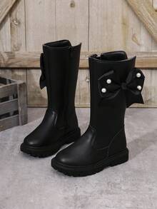1 Pair Black Girls' Mid-Calf Boots, Comfortable Soft Solid Color PU Fabric, Side Pearl Mesh Bow Decor, Inner Zipper, Fabric Warm Lining, Round Toe Soft Sole, Fashionable Cute Princess Boots For 3-12 Years Old Girls, Suitable For Daily School, Festival, Outdoor Wear, Autumn/Winter New Style - Black - View 4