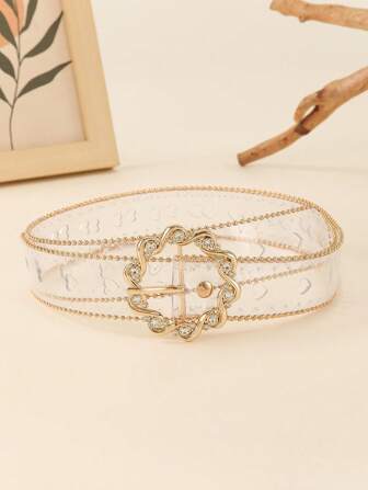1 pieza Hebilla de flor de rhinestone, cinturón transparente y hueco para la cintura, cinturón de vestir versátil y de moda para mujeres, diseño minimalista para uso diario