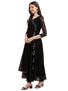 Estationeryhouse Women's Georgette Anarkali Kurta Kurti With Dupatta (Bottoms Not Included) (Black) - Black - View 6