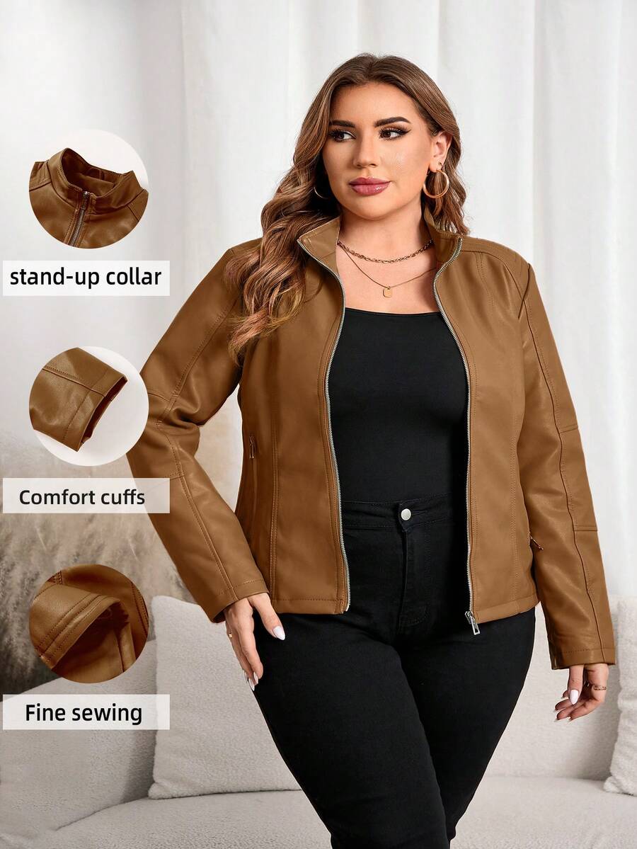 Giolshon 女士加大码休闲时尚骑行夹克，适合通勤和街头摄影，仿皮夹克，适合秋冬春季穿着。 - 棕色 - 查看 1