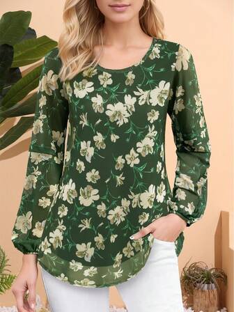 CheersLife 女士长袖时尚束腰上衣休闲圆领碎花衬衫考究双层网眼衬衫