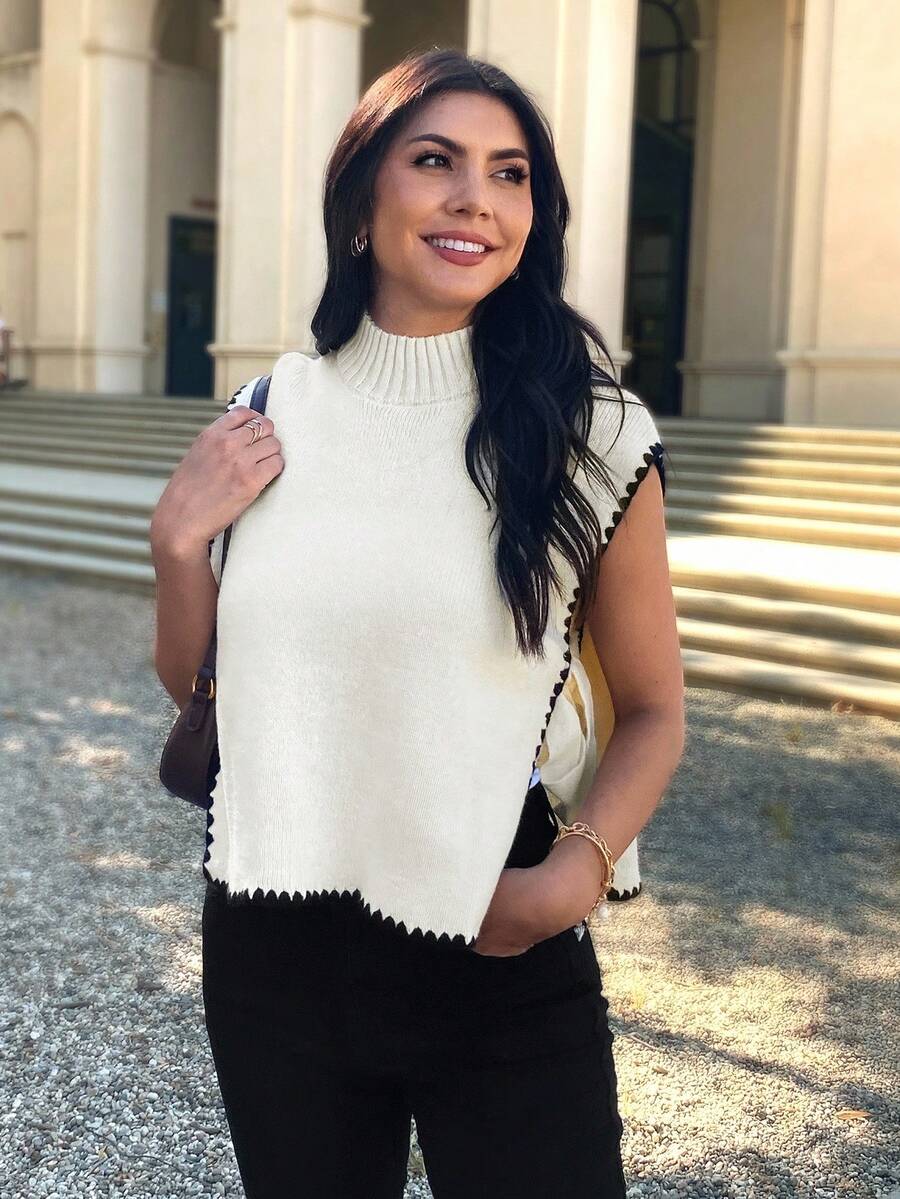 EMERY ROSE 女式秋季休闲拼色侧开衩系带毛衣背心，女式纯色立领侧开衩下摆休闲针织背心，秋冬宽松休闲侧系带毛衣背心，拼色 - 杏色 - 查看 1