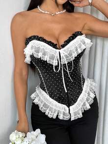 Sexy French Polka Dot Fitted Lace Trim Bustier Camisole Bodysuit - Black - View 5