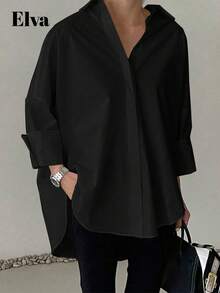 ELVA Black Top Old Money Aesthetic Long Sleeve Baggy Office Outfits For Women Work Tops Women Fall Women Clothes Back To School Clothes Homecoming Dresses Boyfriend Teacher Outfits For Women Business Casual Woman