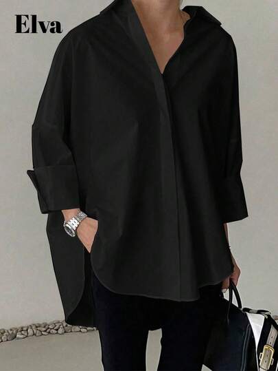 ELVA Black Blouse, Polka Dot Retro Luxurious Style, Long Sleeve Loose Fit, Suitable For Women's Office Wear, Including Work Tops, Autumn, Back To School, Back To School Formal Wear, Boyfriend Style Teacher, Business Casual, Winter Wear, New Year And Summer Tops. Valentine's Day, New Year