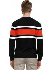 Mens Striped Pullover Sweater Crewneck Contrast Fine Knitted Sweaters - Đen-đỏ-trắng - Xem 2