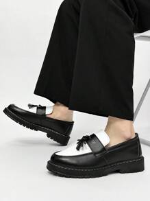 Men's Casual Thick Sole Slip-On Solid Black Leather Shoes, Student Flat Shoes, Formal Business Shoes, Tasseled Casual Loafers, Work Boots Old Money Chic Autumn