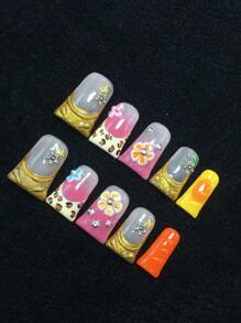 Set di 10 pezzi di unghie acriliche fatte a mano stile Y2K a forma di becco d'anatra, colore rosa nudo e nero, con decorazione a ciliegie, intaglio tridimensionale, stile carino adatto per spiaggia e viaggi estivi. 3 misure adatte per feste, balli e uso quotidiano. Comprende un kit per unghie, un regalo ideale per donne e ragazze. Accessori per unghie.