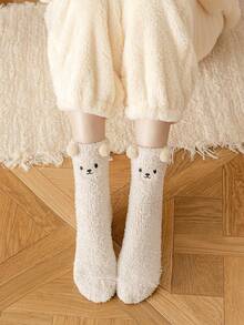 1/5 Pairs White Bear Coral Fleece Socks, Thick Warm Cartoon Socks For Home Wear In Winter, Cozy - Khaki - View 16