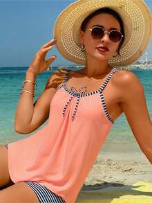 HKGFF-Solid Color Striped Edge Slim Fit Tankini Split Body, Concealing Flesh And Beach Vacation Swimsuit Gift