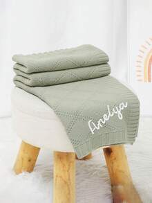 客製化手工刺繡姓名兒童針織毯，嬰兒毯，四季通用多功能裝飾字母包巾被套組 - 淺綠 - 查看 3