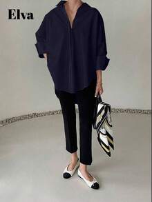 Blouse noire ELVA, style rétro luxueux à pois, coupe ample à manches longues, convient pour le port au bureau pour les femmes, y compris les hauts de travail, l'automne, la rentrée scolaire, la tenue de cérémonie de la rentrée scolaire, le style boyfriend pour les enseignants, la tenue de bureau décontractée, les vêtements d'hiver, les hauts pour le Nouvel An et l'été. Saint-Valentin, Nouvel An