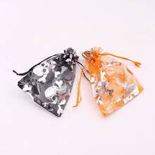 10 piezas Bolsas de malla con cordón de Halloween, bolsas de embalaje de galletas y dulces para fiestas, bolsas de regalo con telaraña de papel de aluminio, bolsitas para joyas