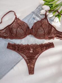 1 Set Women Plus Size Solid Color Lace Underwire Comfortable Bra Set, Lift