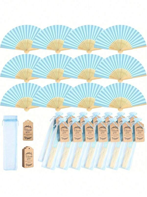 3/15/30pcs Elegant Blue Fan Set, Including Thank You Tags And Gift Bags, Bridal Bamboo Handheld Folding Fan, Single Party Wedding Bride Shower Decorations, Bridesmaid Bamboo Handheld Folding Fans, Single Party Photo Props