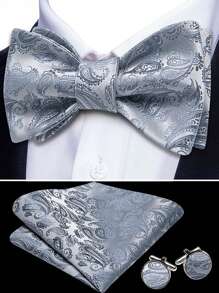 1 Pc Groomsmen 3‑Piece Set (Bow Tie + Pocket Square + Cufflinks) – Vintage Paisley Wedding Accessories Kit, Wrinkle-Free Gold Textured Bowtie Gift For Groom, Formal Party, Holiday, Best Man Outfit